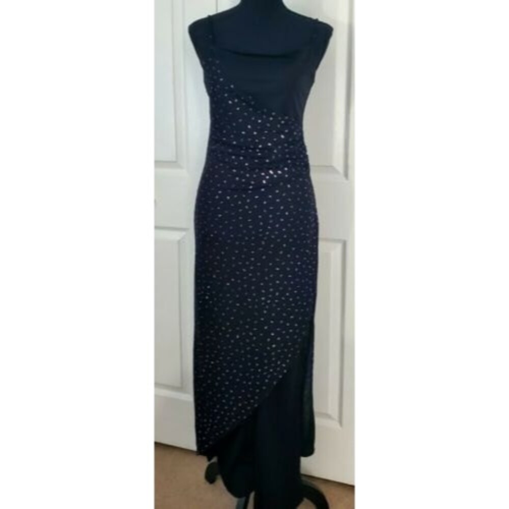 TOWER Ladies Evening Black Stretch Purple Glitter Layered Mesh Jumpsuit Sz M